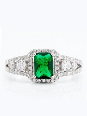 Emerald Cut Green Gemstone Ring, 925 Sterling Silver